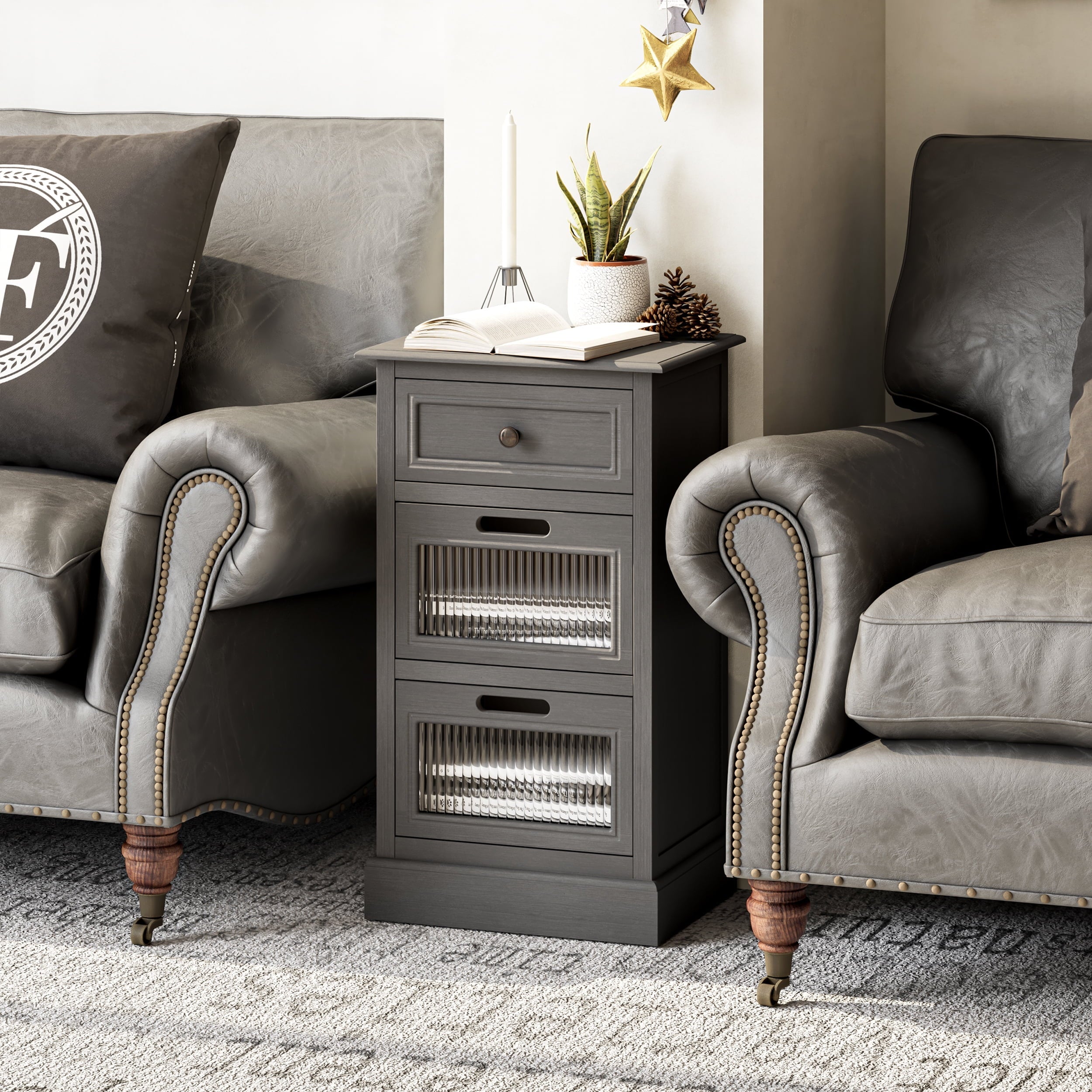 COZAYH Mid Century Modern Nightstand, Fully Assembled Nightstand with 3 Reeded Glass Front Drawers, Distressed Gray Nightstand with Antique Brass Knob and Metal Glide, 27.5” Tall