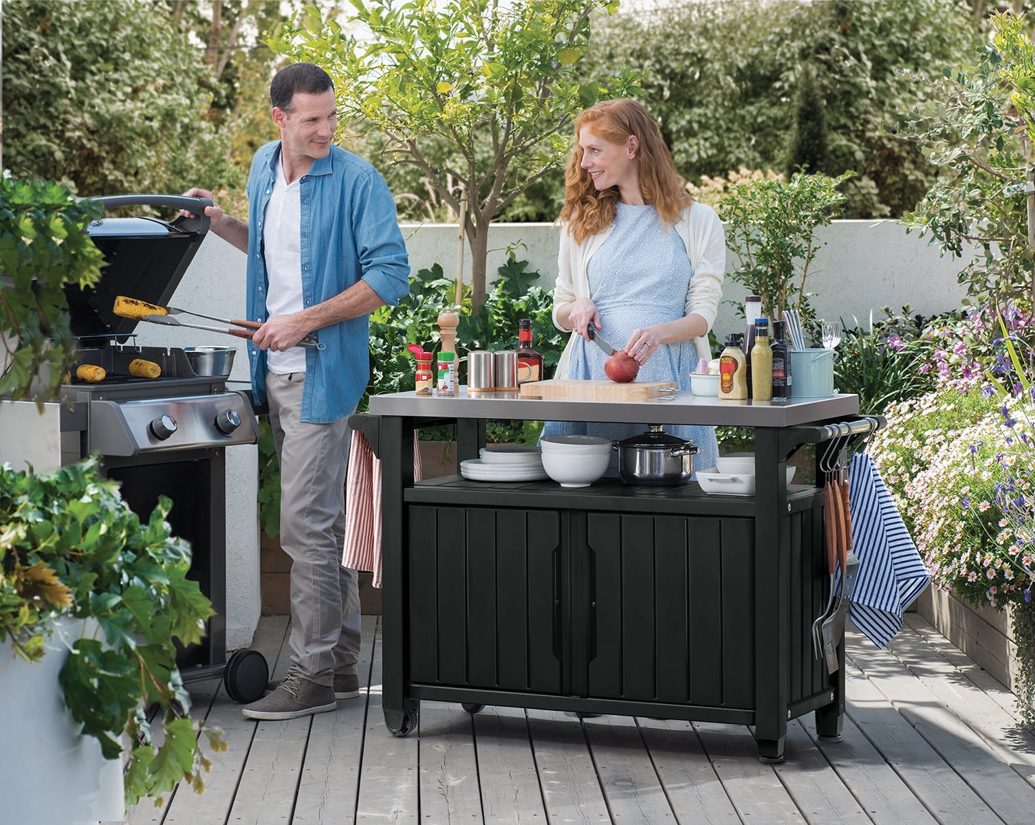 Unity XL Resin Serving Station, All-Weather Plastic and Metal Grill, Storage and Prep Table, Graphite