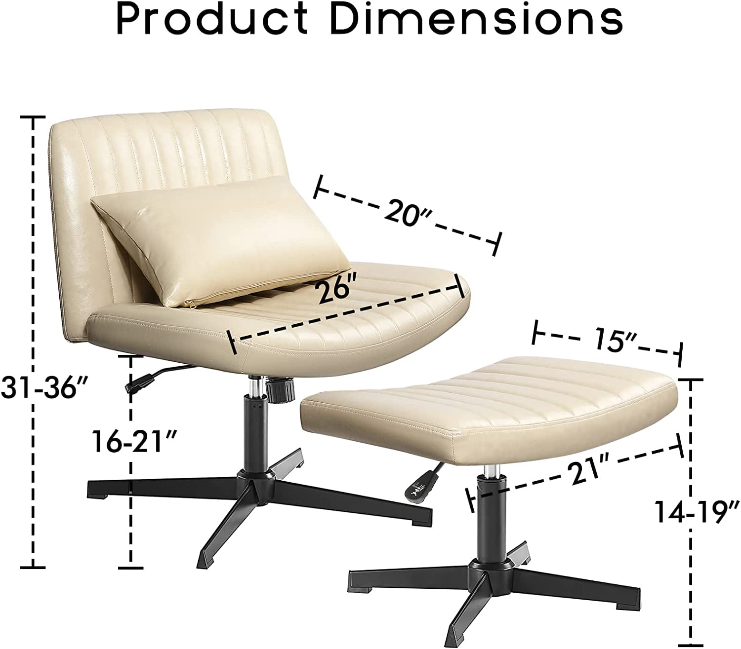 Waleaf Armless Desk Chair No Wheels with Ottoman&Lumbar Support,PU Leather Padded Modern Swivel, Height Adjustable Wide Seat Cross Legged Computer Task Chair for Living Room, Beige