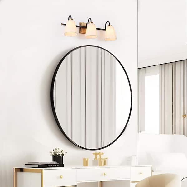 Modern Classic 3-Light Matte Black and Plating Brass Vanity Light with White Cone Fabric Shades