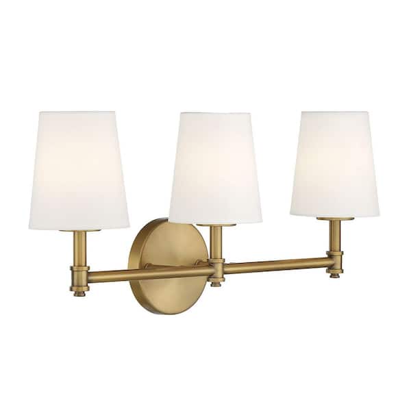 24 in. W x 9.5 in. H 3-Light Natural Brass Bathroom Vanity Light with White Linen Fabric Shades