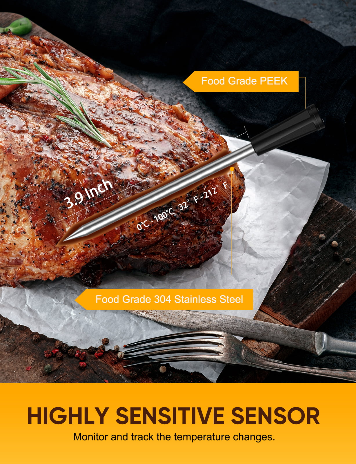 Smart Wireless Meat Thermometer, Food Thermometer with 165ft Wireless Range, APP Control, Charging Dock, USB C Charging Cable, Kitchen Thermometer for Oven, Grill, BBQ, Smoker, Rotisserie