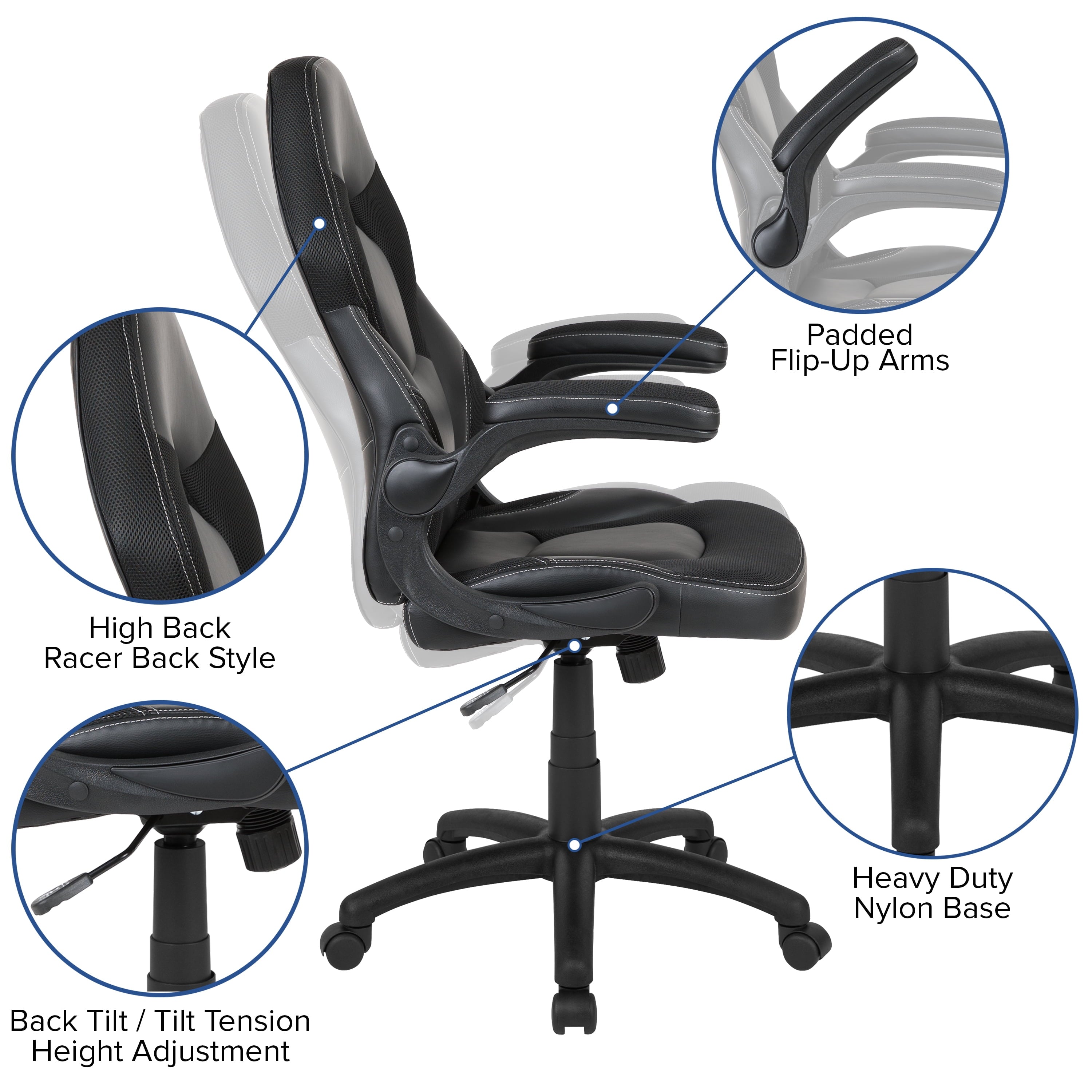 Emma + Oliver Gaming Racing PC Chair with Flip-up Arms, Black LeatherSoft