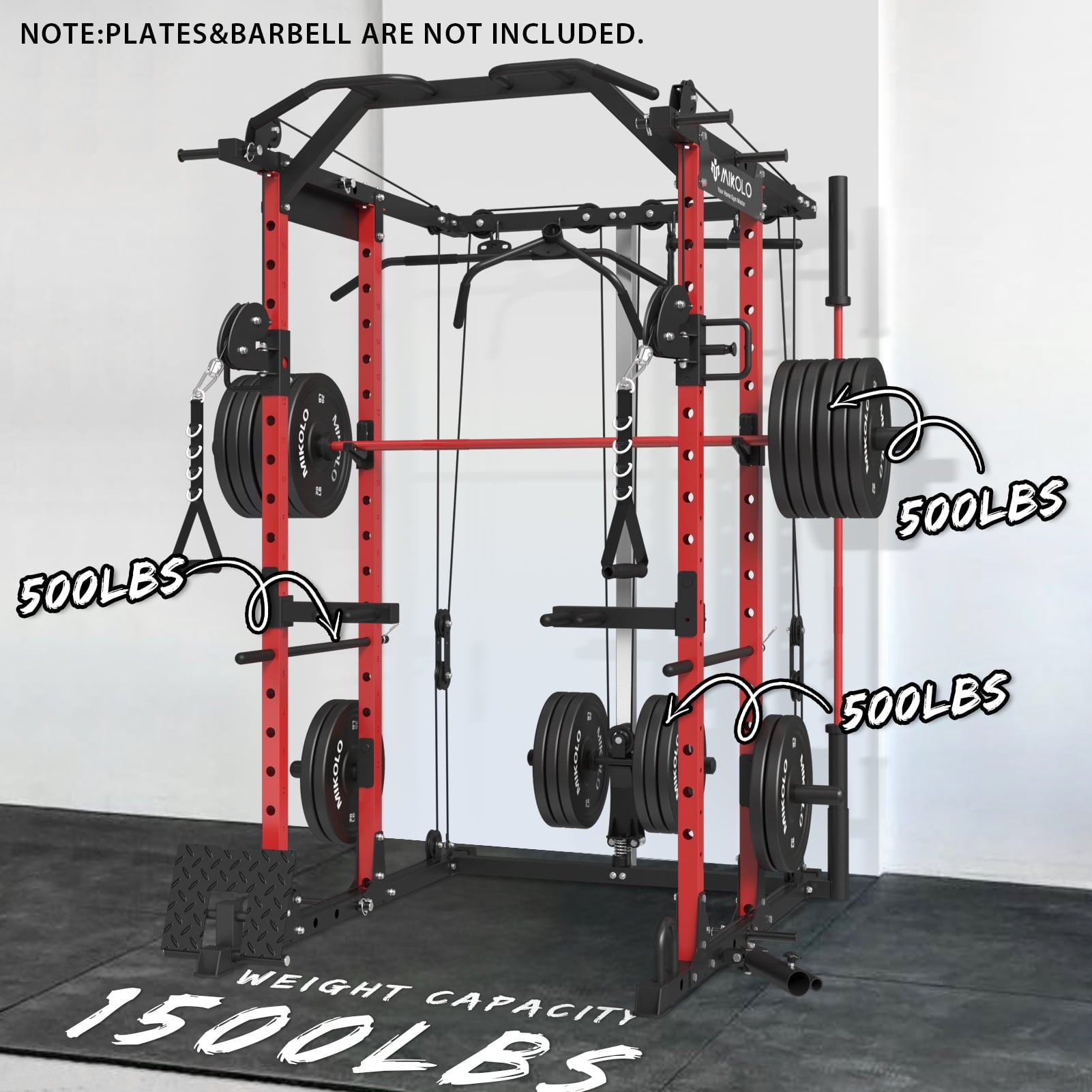 Mikolo Power Rack Cage, 1500 lbs Weight Rack with Cable Crossover Machine,Multi-Function Squat Rack with J Hooks,Dip Bars and Landmine for Home Gym (Red)