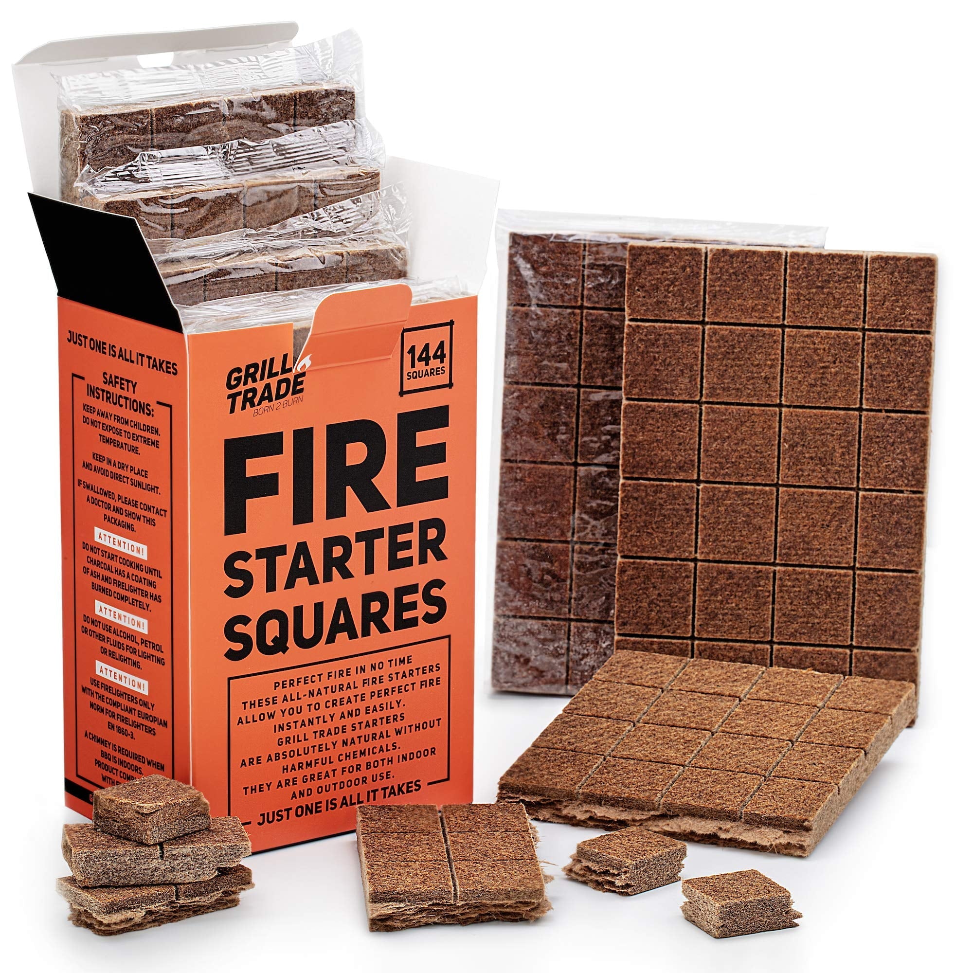 Grill Trade Fire Starter Squares 144 - BBQ, Camping, Wood Stove, Fireplace - 100% Natural