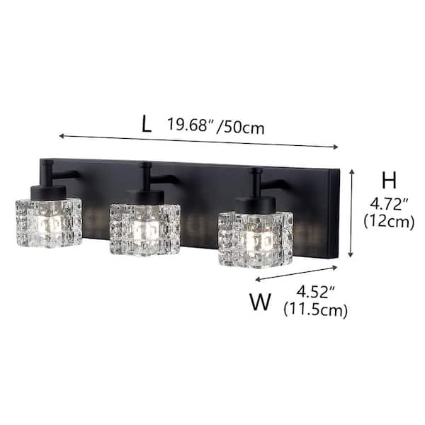 19.7 in. 3-Light Dimmable Black Bathroom Vanity Light with Crystal Glass Shades