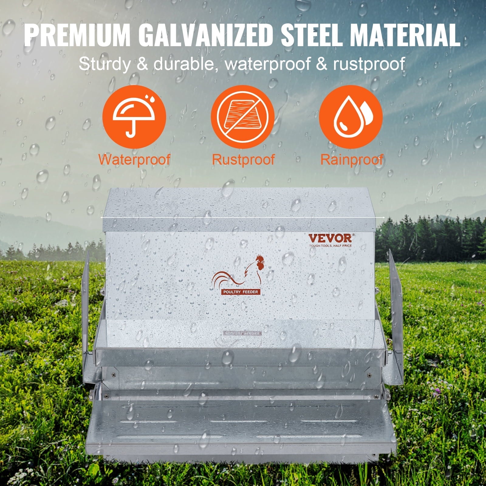 BENTISM Automatic Chicken Feeder, 25 lbs Capacity Feeds 10 Chickens up to 11 Days, Galvanized Steel Poultry Feeder with Waterproof Lid, Bird Rat Prevention, for Chickens, Pheasants, or Roosters