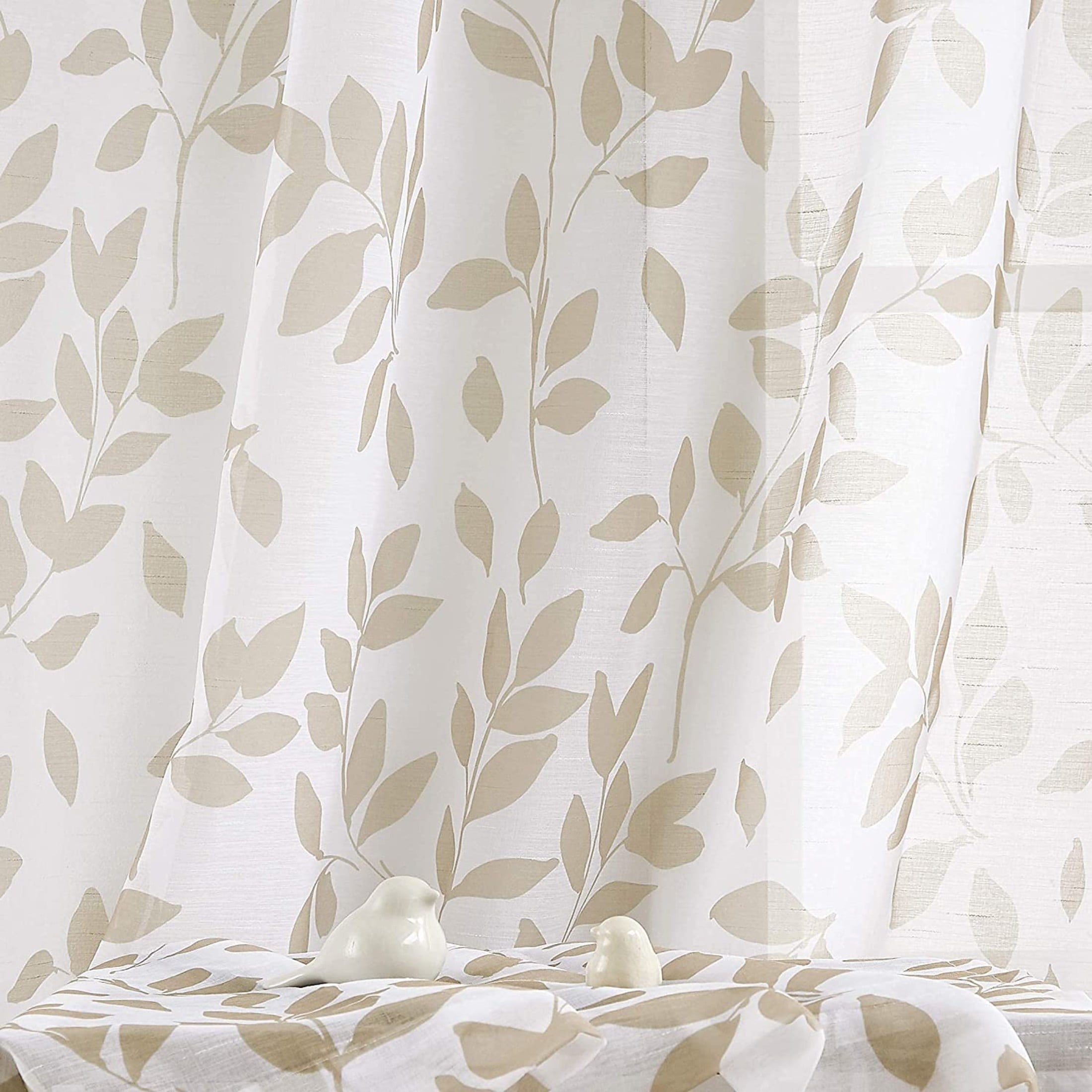 Exultantex Linen Texture Leaf Botanical Rod Pocket Sheer Curtain,50
