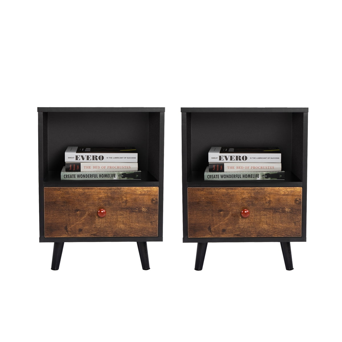 JAXPETY Nightstands Set of 2, Night Stand with 1 Drawer and Open Shelf Storage, End Table, Side Table, for Bedroom, Living Room, Natural Wood & White