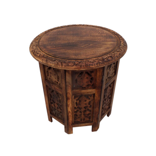 18 Inch Mango Wood Folding Accent Table, Hand Carved, Walnut Brown- Saltoro