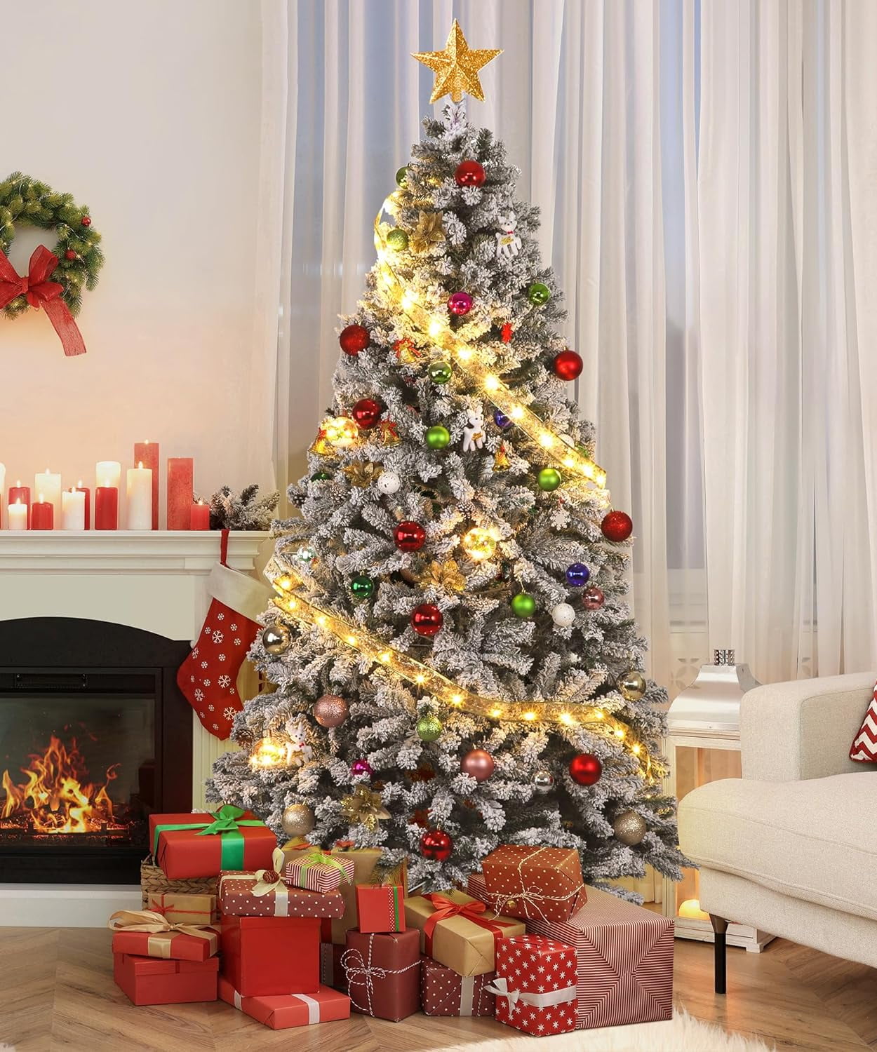 BSHAPPLUS® 7.5ft Snow Flocked Christmas Tree,Hinged Artificial Christmas Pine Tree,Outdoor Christmas Tree with 1346 Branch Tips and Foldable Metal Base