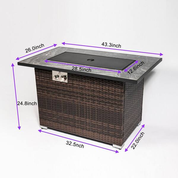 43.3 in. Brown Rectangle Outdoor Wicker Propane Fire Pit Table with Glass Rocks and Rain Cover