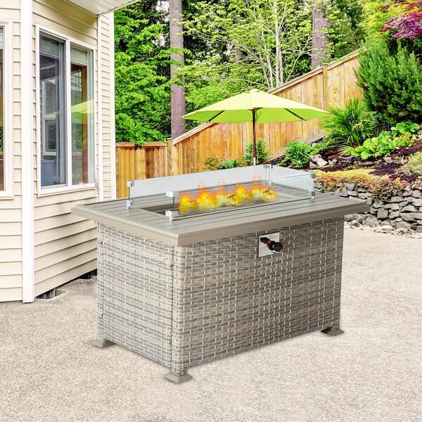 43.3 in. Beige Brown Rectangle Propane Fire Picnic Tables, Aluminum Tabletop Gas Fire Table with Glass Wind Guard