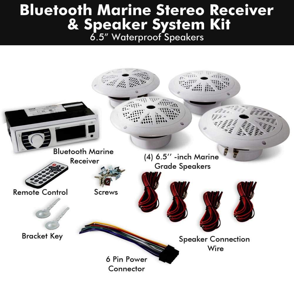 Pyle Marine Radio Receiver Speaker Set 12v Single Din Style Bluetooth Waterproof Digital Boat White