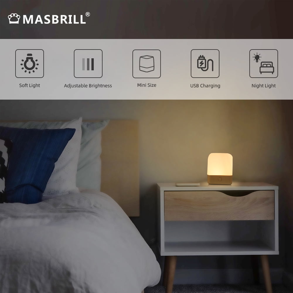 MASBRILL Touch Sensor Small Lamp, Dimmable Rechargeable Lamp Warm Light and White Light 2 in 1, Bedside Mini Table Light