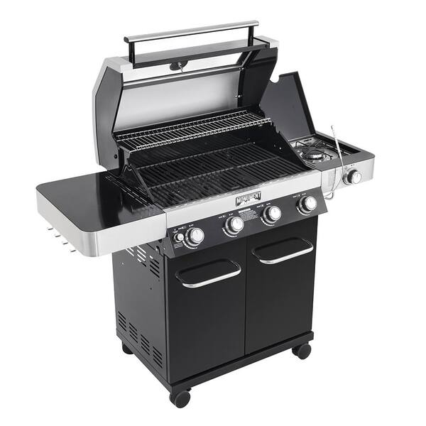 4-Burner Propane Gas Grill in Black with ClearView Lid, LED Controls, Side Burner and USB Light