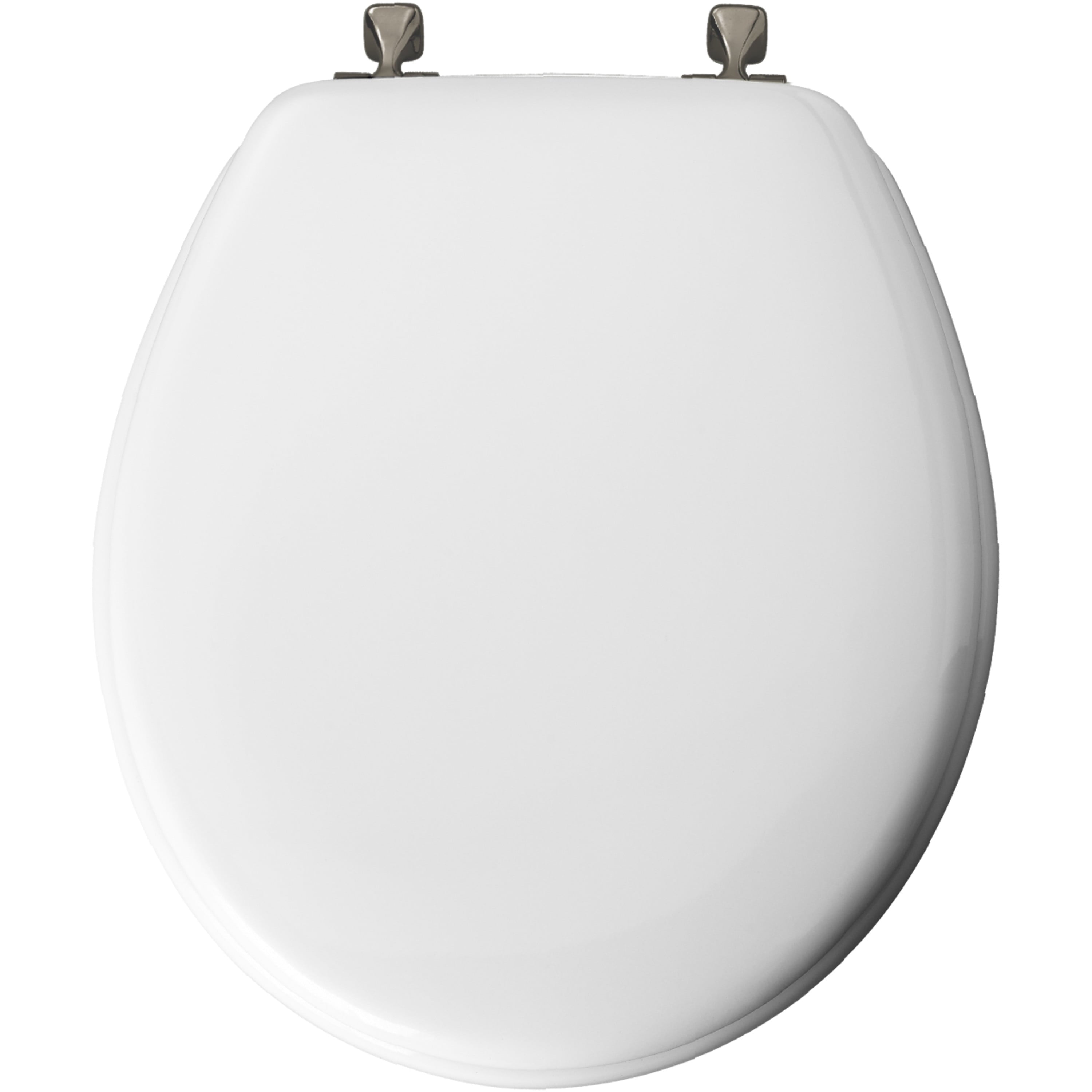 Mayfair Edgewater Round Enameled Wood Toilet Seat in White Never Looosens Brushed Nickel Metal Hinge