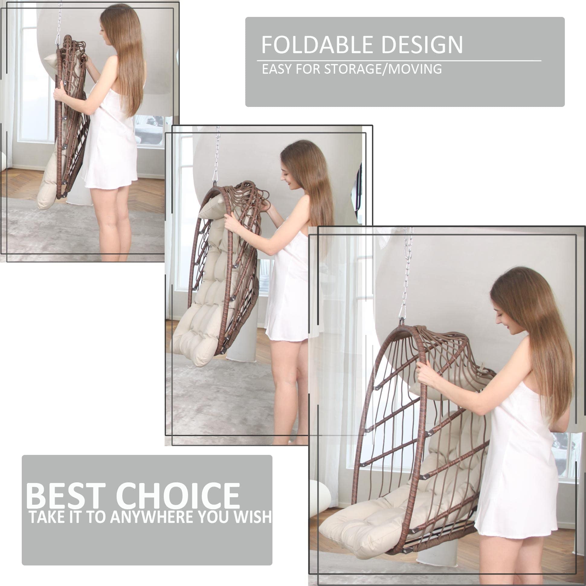 Nicesoul Foldable PE Wicker Brown Hanging Egg Chair With Stand Swing Chair With Cushion and Pillow Capacity 350lbs