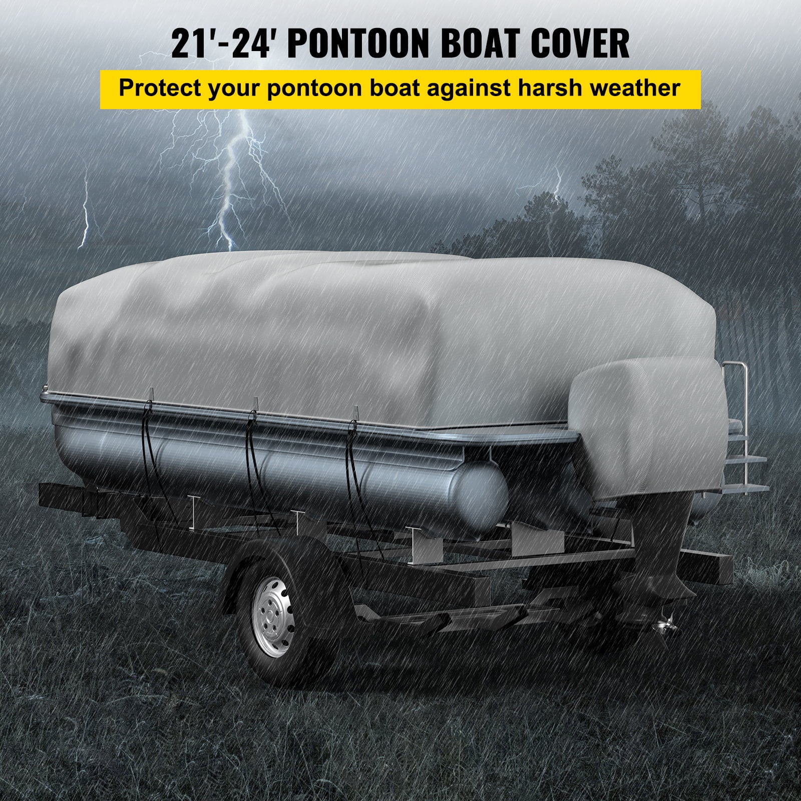 BENTISM 600D Pontoon Boat Cover, Fit for 21'-24' Boat, Heavy Duty Oxford Fabric, UV Resistant Waterproof Trailerable Boat Cover w/ 2 Support Poles and 7 Wind-proof Straps, Gray