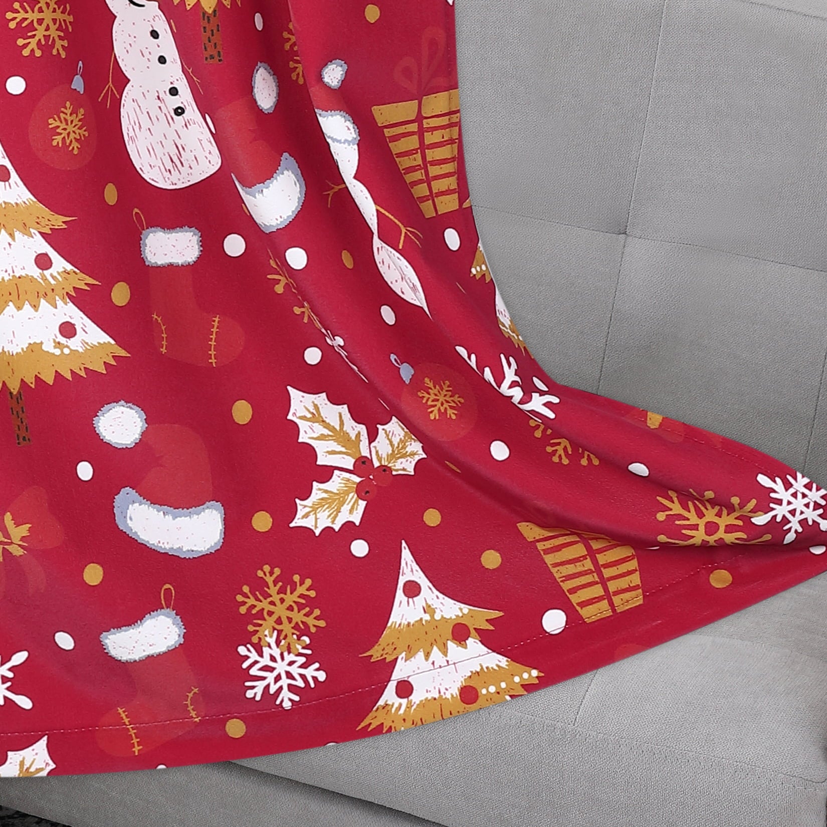 2 Pcs Christmas Print Tier Curtain, Grommet Top Velvet Thermal Insulated Small Curtain