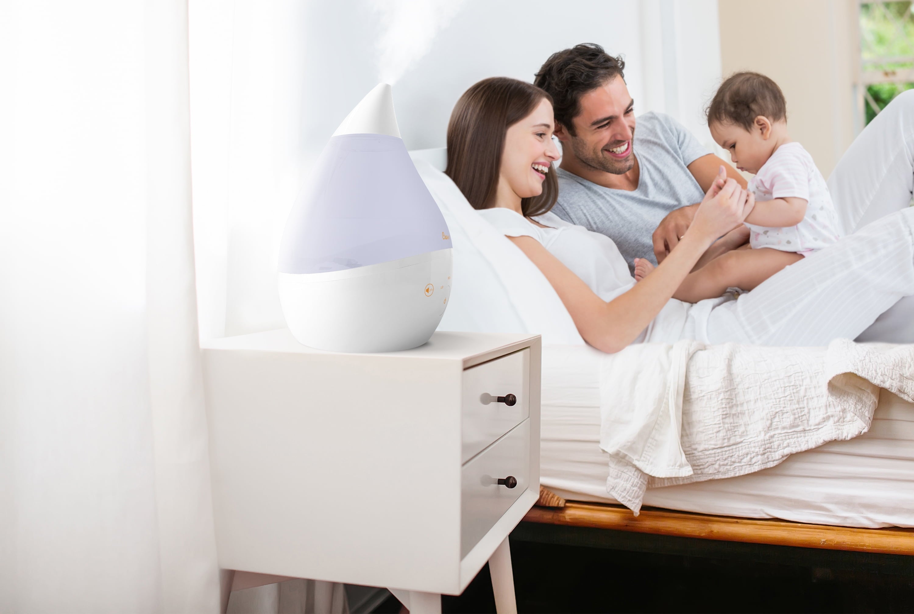 Crane Top Fill Drop 1 Gallon Ultrasonic Cool Mist Humidifier with Sound Machine and Optional Nightlight - White