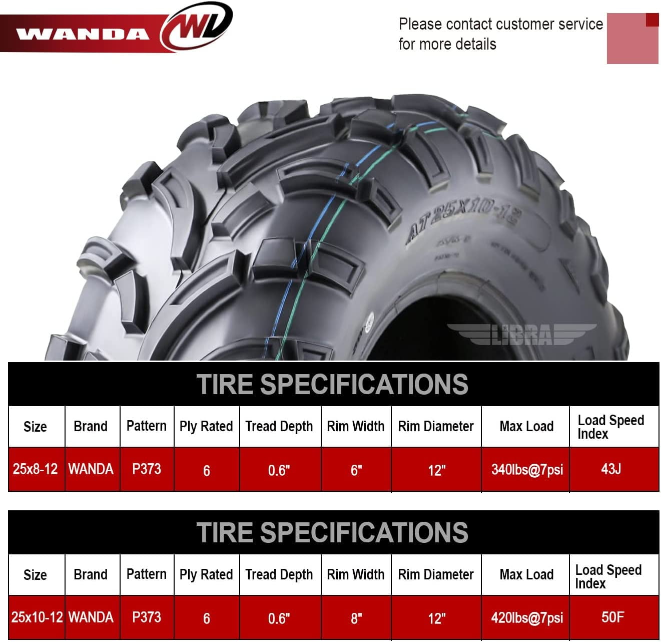 Wanda ATV/UTV Tires 25x8-12 Front & 25x10-12 Rear /6PR P373, Set 4