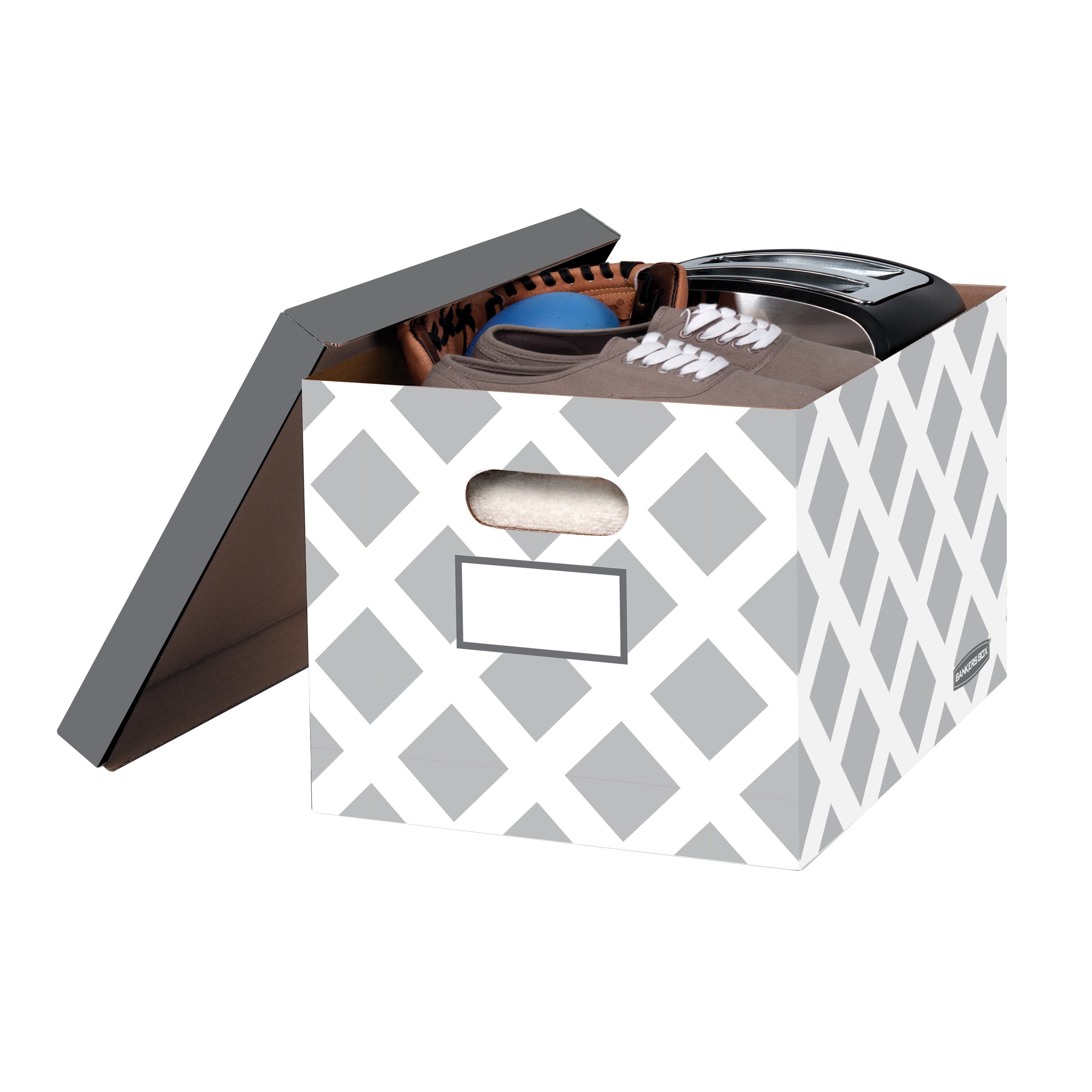 Bankers Box 3-Count Decorative, Letter/Legal File Box, Grey, Diamond Design with Grey Lid