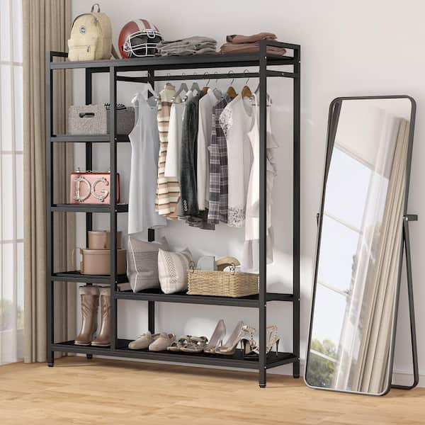Billie Black Armoire with 6-Storage Shelves and Beach Industrial Entryway Hall Trees 70.9 in. x 47.3 in. x 15.7 in.
