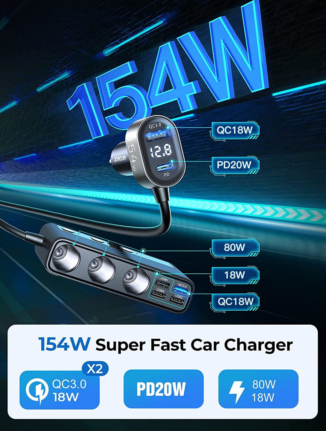 JOYROOM 3 Socket Car Cigarette Lighter Adapter, 154W PD & QC 3.0 Fast USB Car Charger, 12V/24V DC Outlet Cigarette Lighter Splitter with Individual Switches for All Car Devices