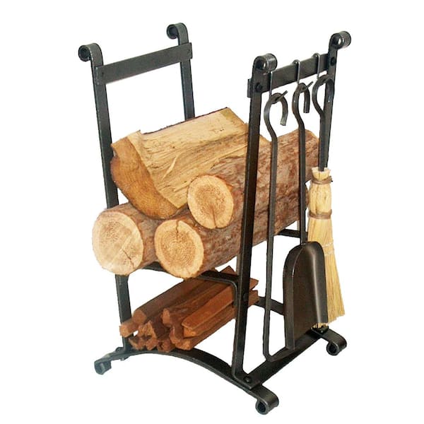 Handcrafted Compact Curved Firewood Rack with Tools Hammered Steel