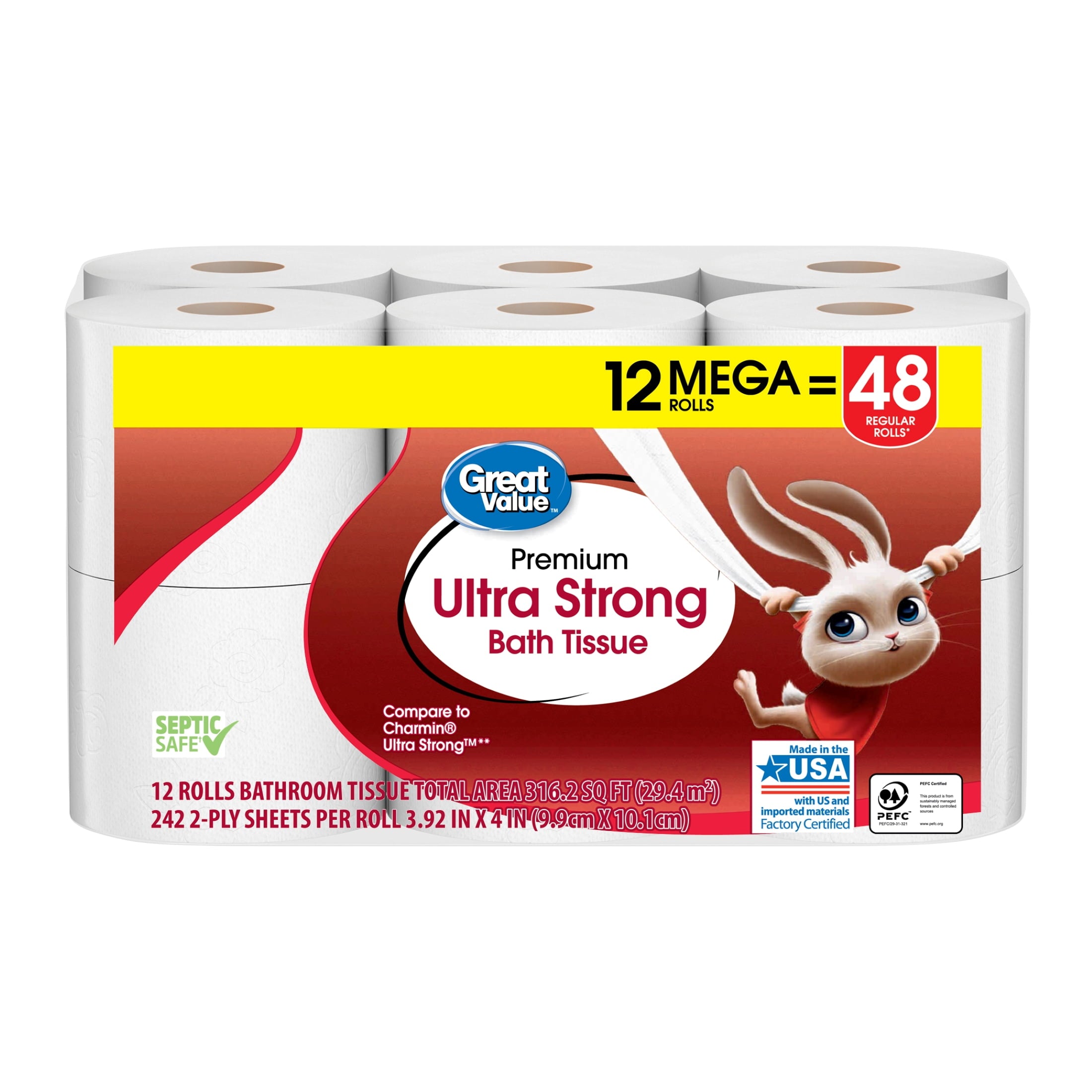 Great Value Ultra Strong Toilet Paper, 12 Mega Rolls