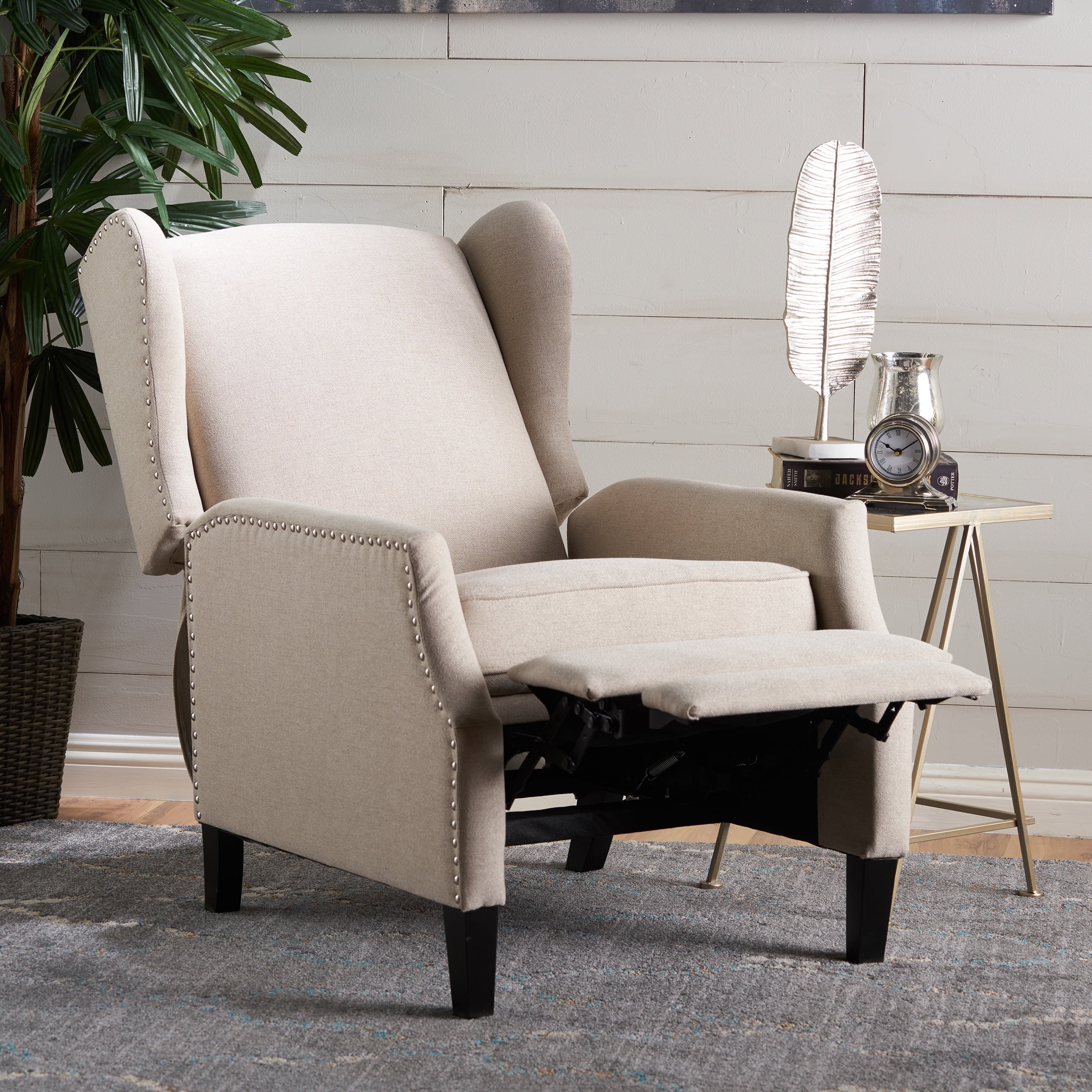 Noble House Allan Standard Fabric Wingback Pushback Recliner, Light Beige