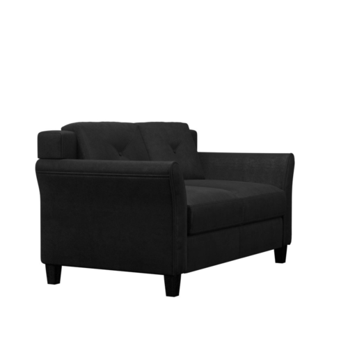 Modern 2 Seat Loveseat Couch Sofa Rolled Arms Cushions Upholstered Black Fabric