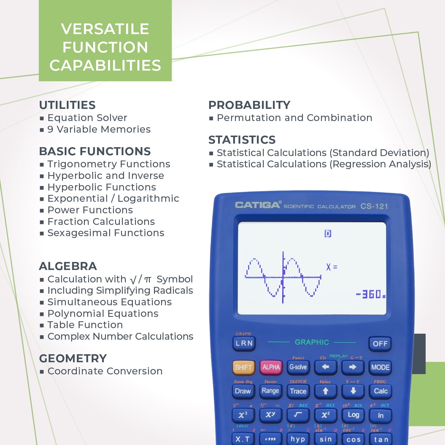 CATIGA CS121 Scientific Calculator with Graphic Functions - Multiple Modes with Intuitive Interface - Perfect for Beginner and Advanced Courses, High School or College (Black)