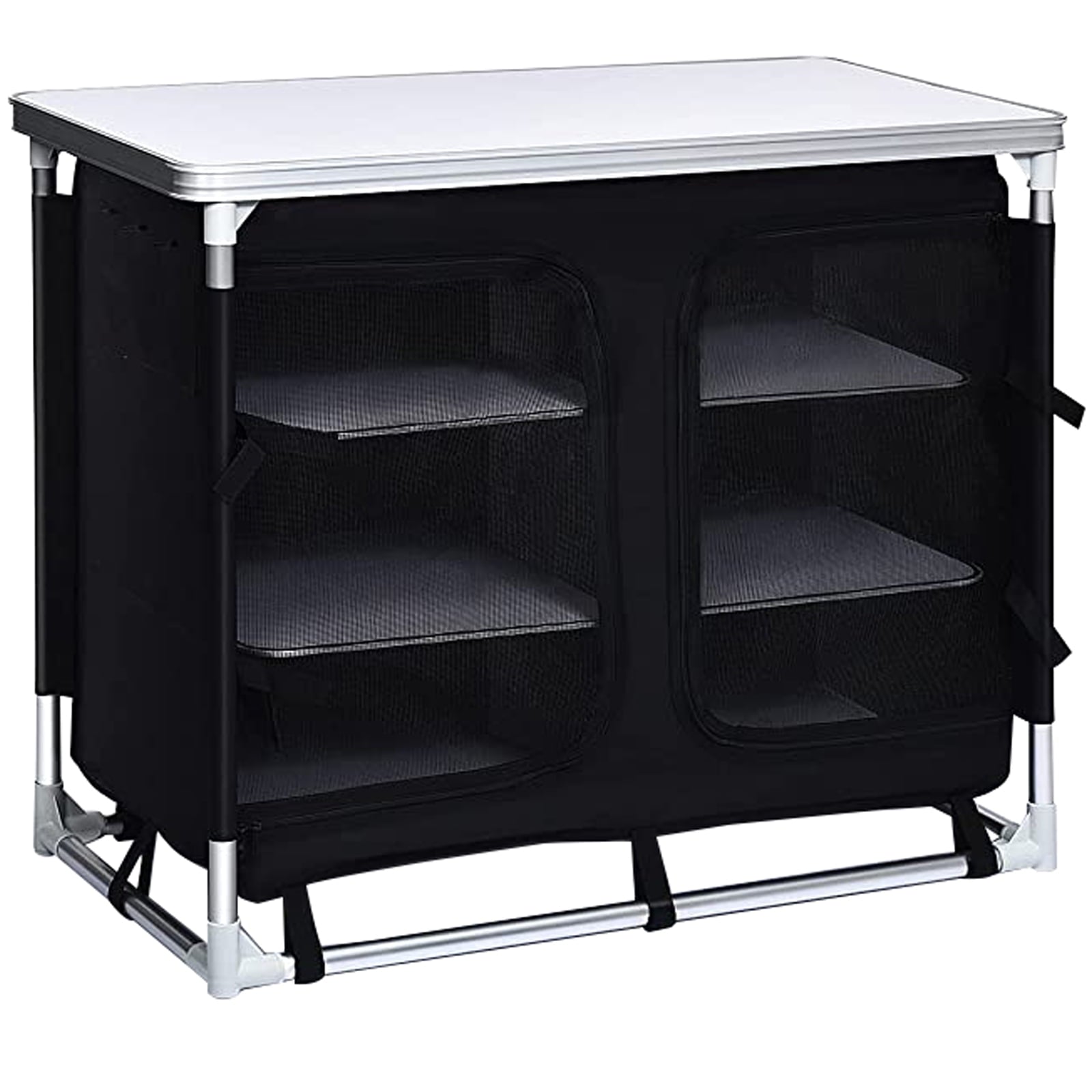 Camping Kitchen Station, Aluminum Portable Folding Cook Table with Storage Organizer and Carrying Bag, Quick Installation for Outdoor BBQ Party Backyards and Tailgating, Black