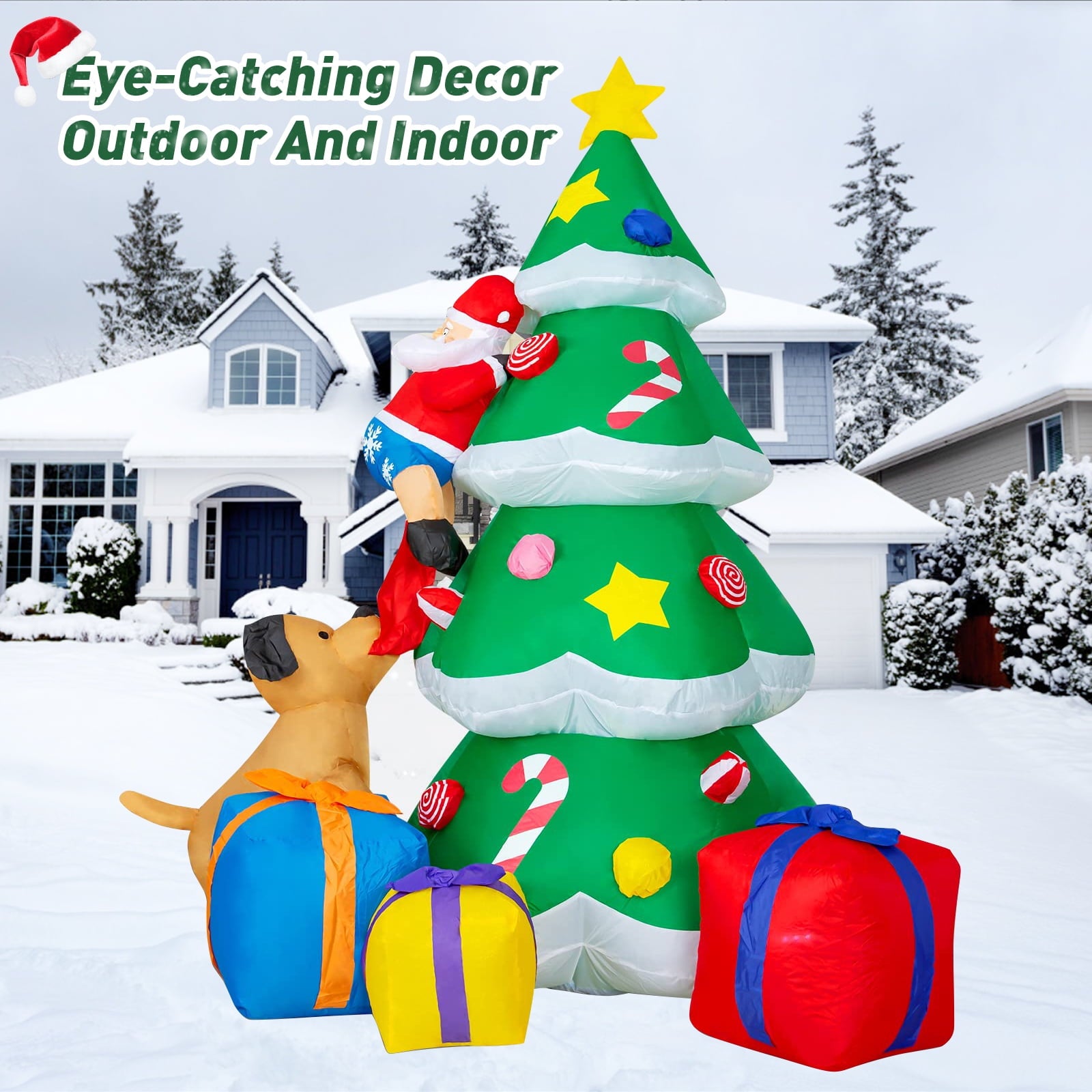 PayUSD 7FT Christmas Inflatables Decoration Outdoor LED Lights Santa Claus Being Chased Up the Tree Blow Up Xmas Decor Lawn Yard Patio Garden Christmas Decor Indoor Festive Holiday Spirit