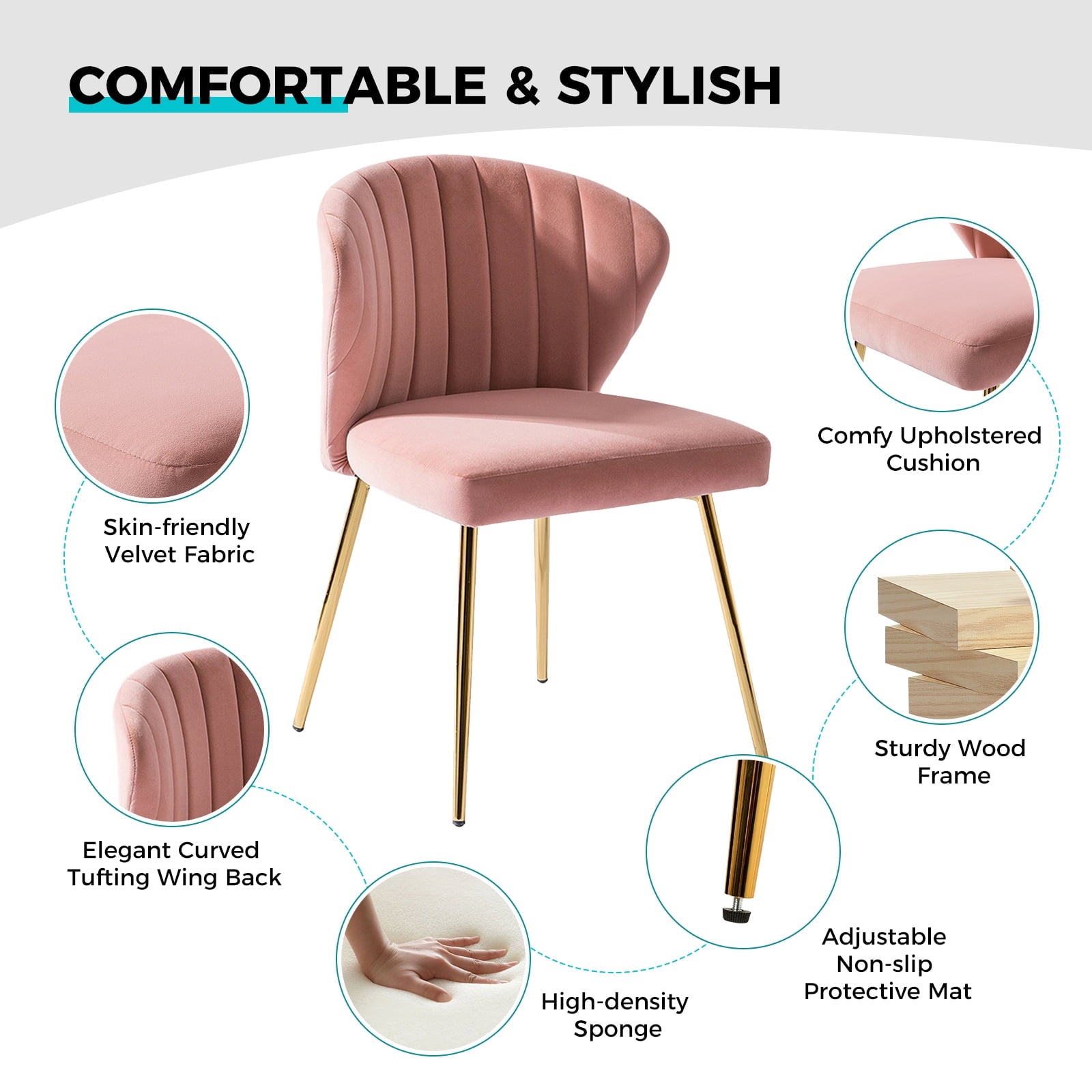 14 Karat Home Modern Wingback Accent Chair Dining Chairs with Gold Metal Legs Pink