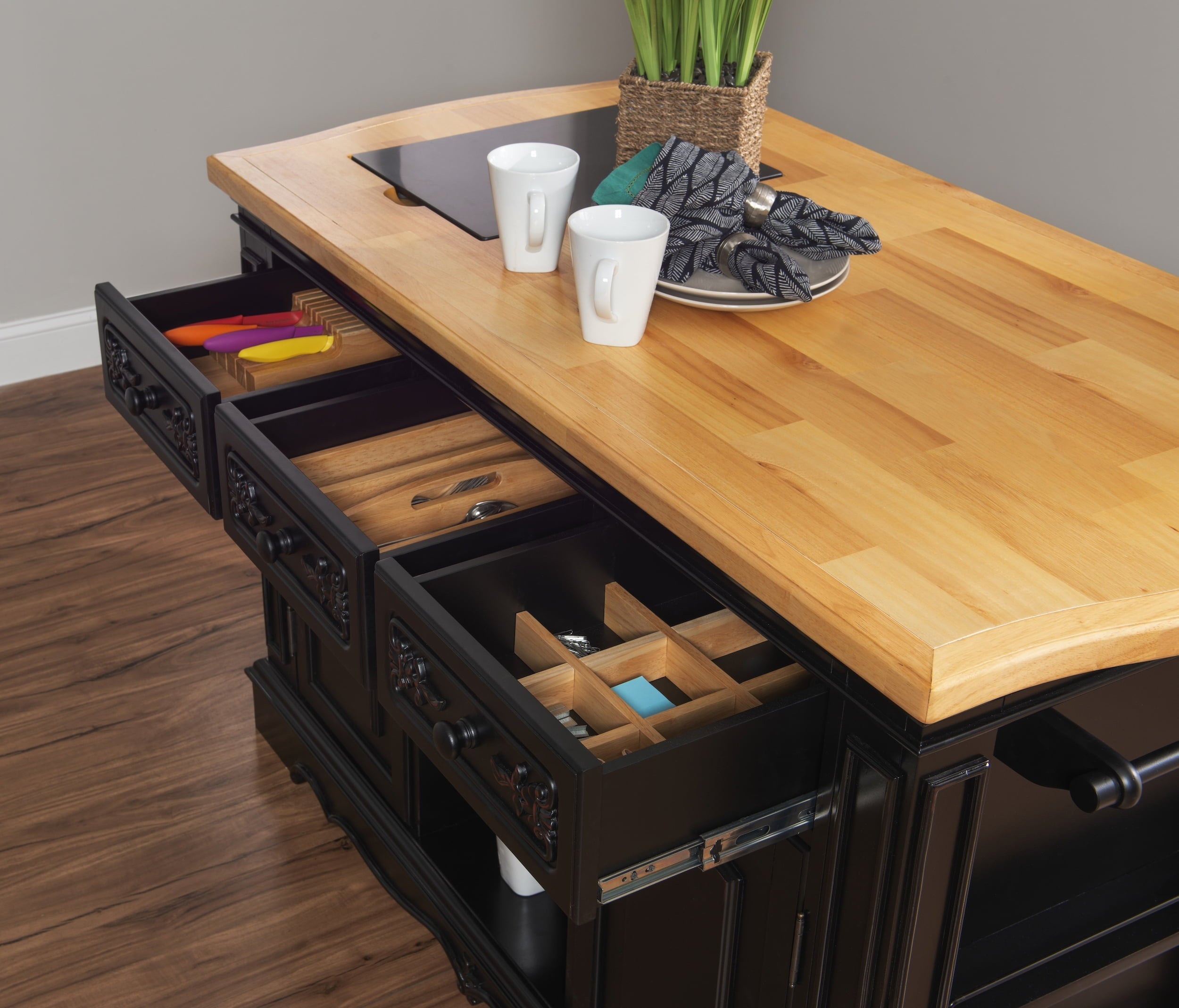 Pennfield Kitchen Island with Black Granite Removable Cutting Surface, Black and Natural