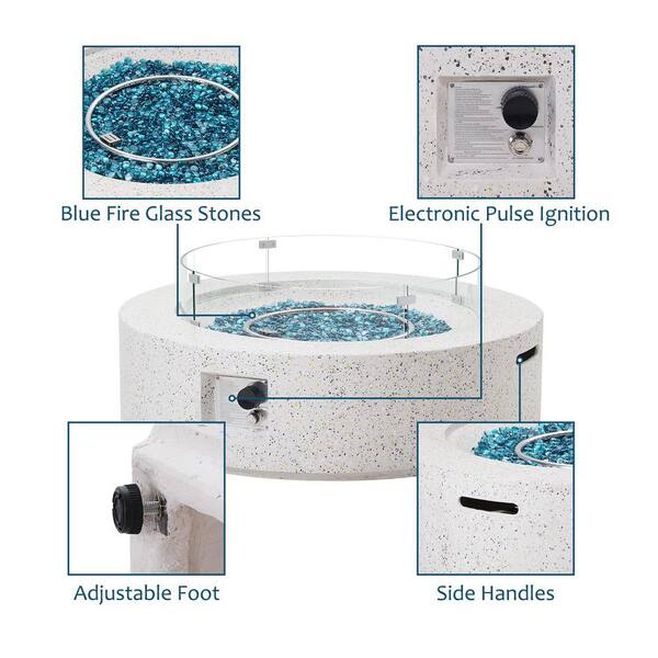 41 in. 50000 BTU Elegant White Round Composite GRFC Fire Pit Table with Glass Wind Guard and Water-Resistent Cover