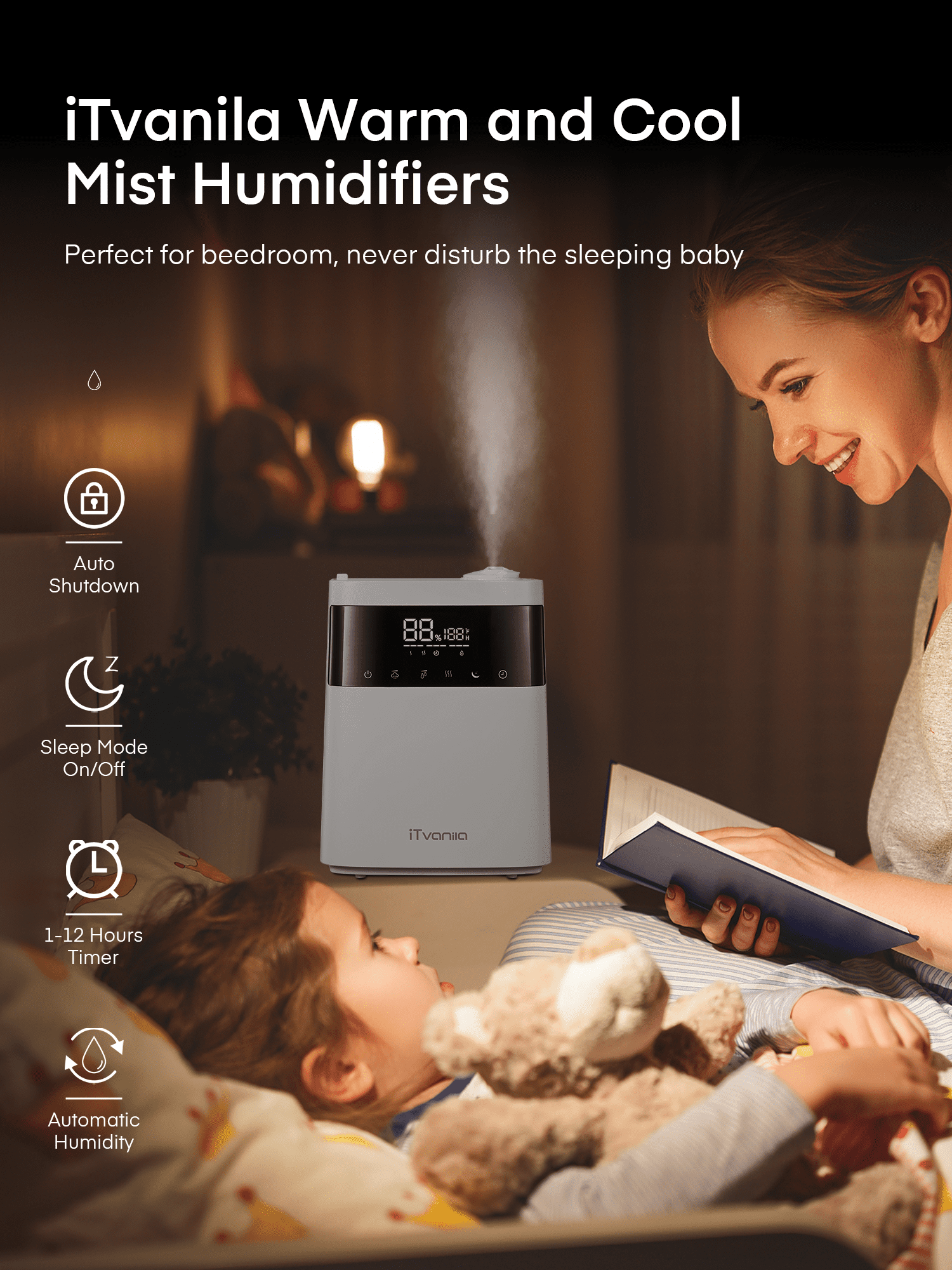 ITvanila Humidifier, 5.5L Warm and Cool Mist Humidifiers for Bedroom with Customized Humidity, Sleep Mode and 12H Timer, for Living Room, Office and Baby Room (White)