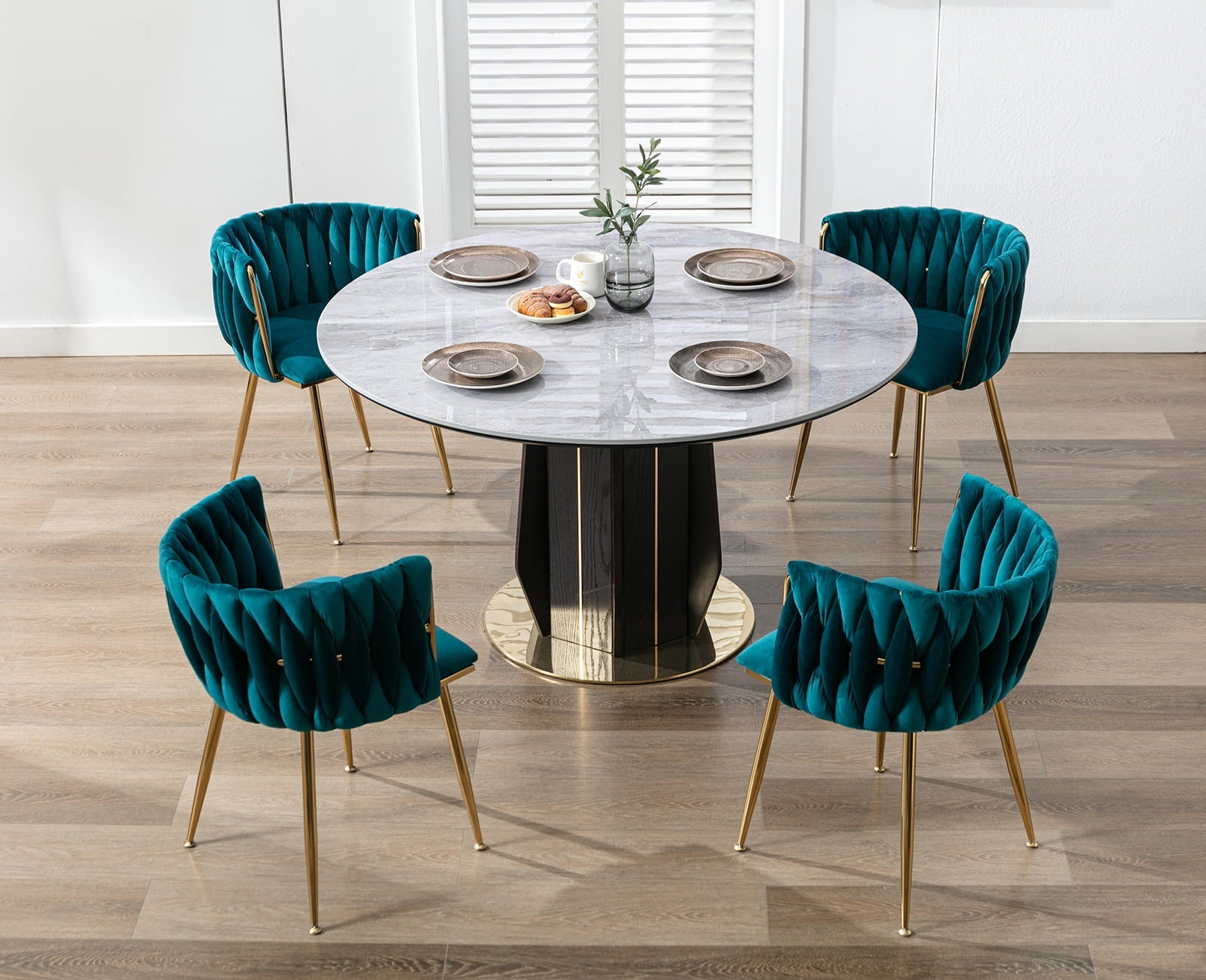 Guyou Velvet Dining Chair Set of 2, Modern Upholstered Accent Side Chair with Woven Back and Metal Legs, Vanity Chair Kitchen Chair for Living Room Dining Room Bedroom, Teal Green