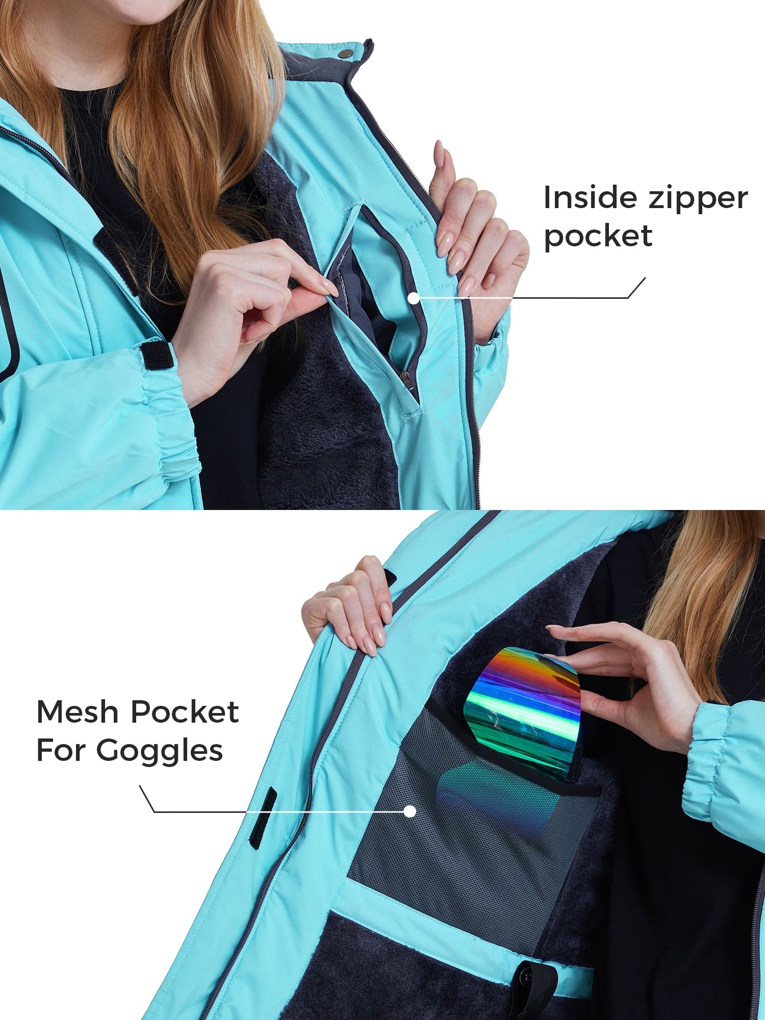 Skieer Women's Waterproof Ski Jacket Windproof Rain Jacket Winter Warm Hooded Coat Light Blue Small