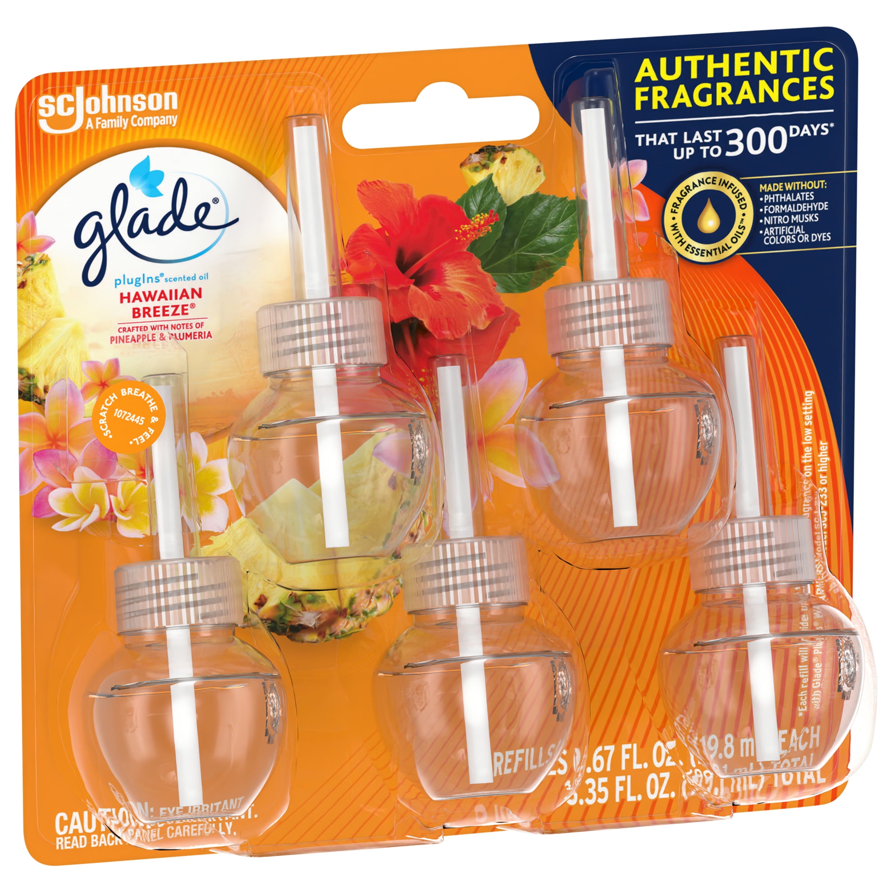 Glade PlugIns Refill 5 ct, Hawaiian Breeze, 3.35 FL. oz. Total, Scented Oil Air Freshener Infused with Essential Oils