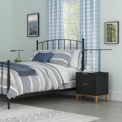 Wooden Nightstand Bedside Table With 4 Metal Legs 2-Drawer Black