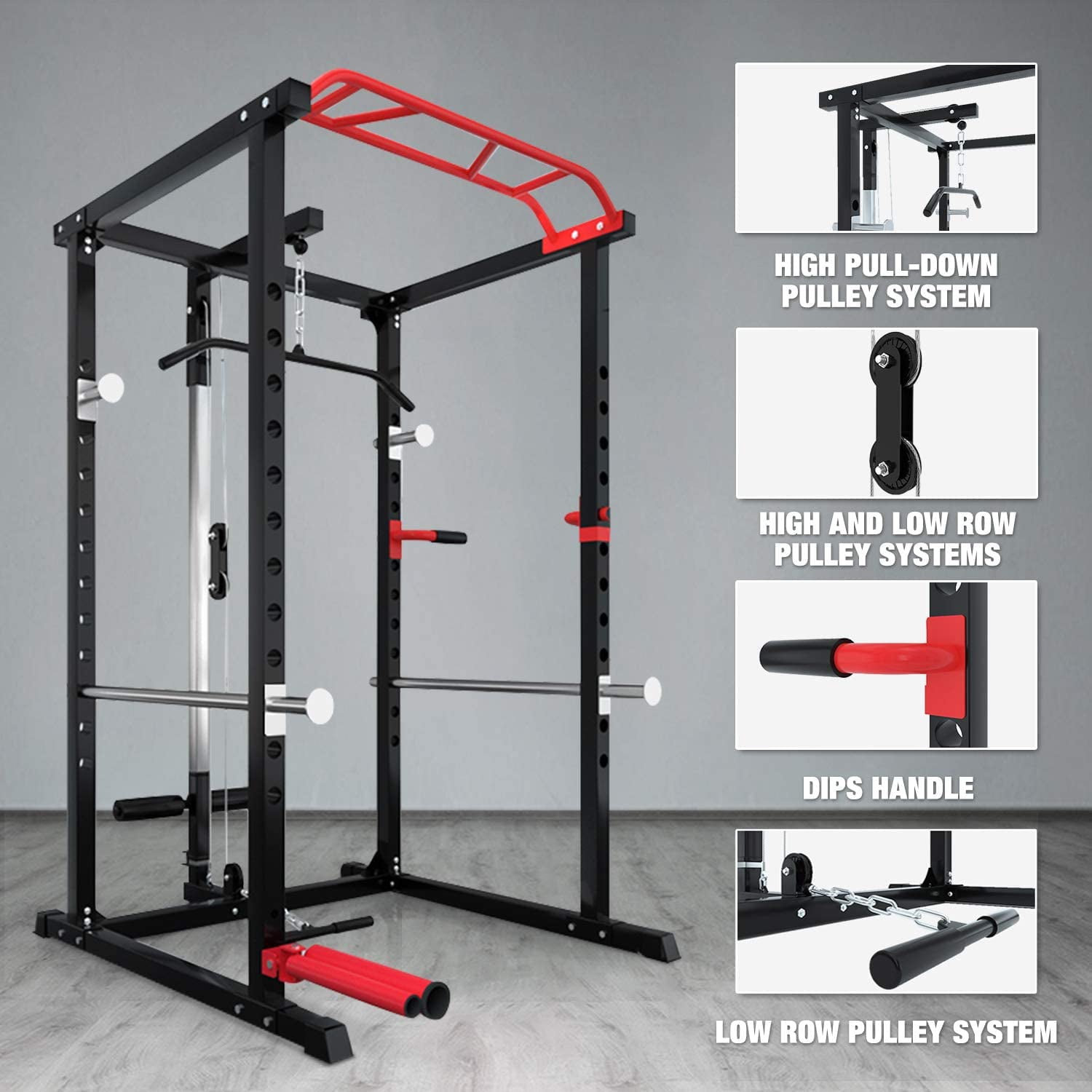 SPARTAN 1500 Lb. Capacity Exercise Power Cage Rack with Lat pull down, J-hook, Pulley system, Squat Rack with Landmine and Safety Bar