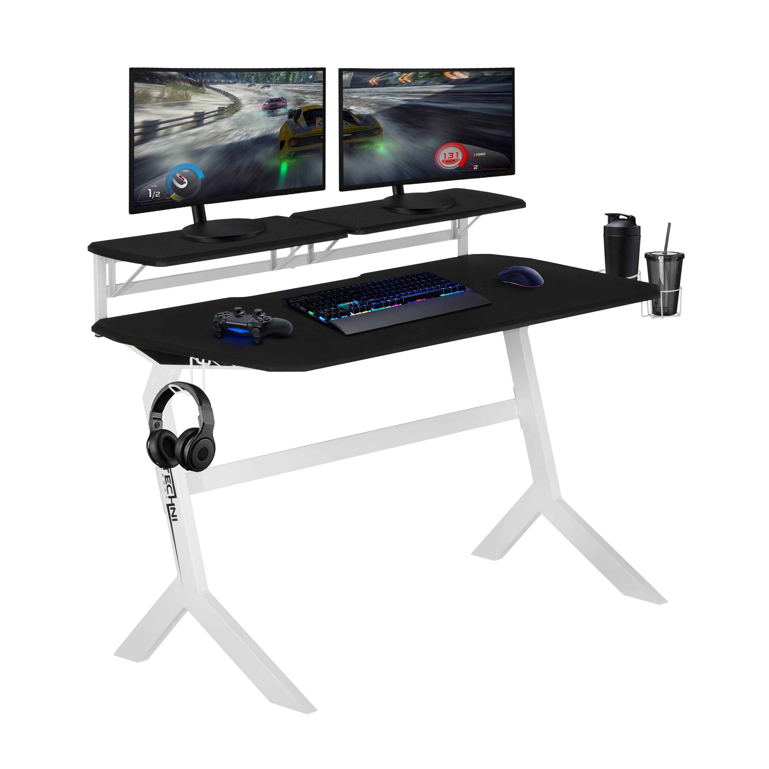 Techni Sport White Stryker Gaming Desk with Headphone Holder and Shelving, White