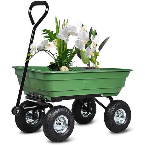 1.94 cu. ft. Heavy Plastic Garden Cart Folding Car Dump Truck in Green w/Steel Frame Pneumatic Tire, 300 lbs. Capacity