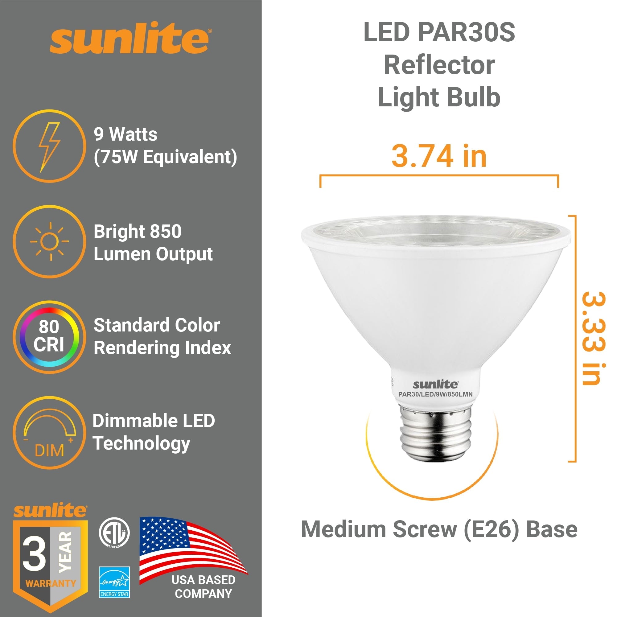 Sunlite LED PAR30 Short Neck Flood Light Bulb, 9 Watts, (75W Equivalent), 850 Lumens, Medium Screw (E26) Base, Dimmable, ETL Listed, Energy Star, 2700K Warm White, 6 Count