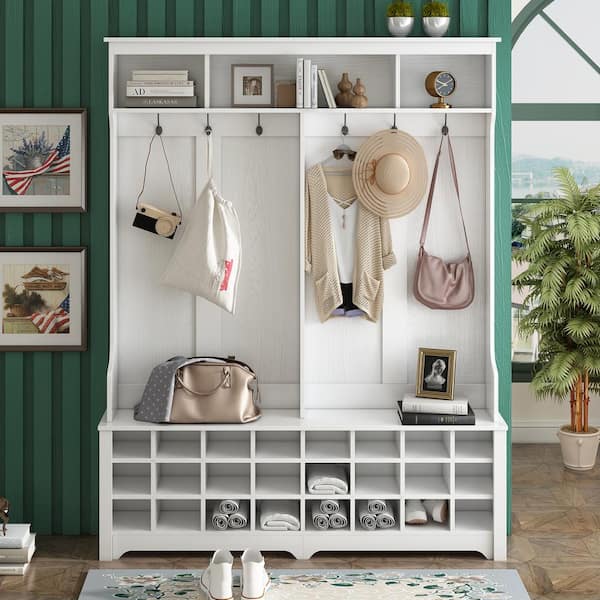 Modern White 60 in. Wide Wood Entryway Hall Tree Multifunctional Hallway Coat Rack with Metal Hooks, Shoes Storage Bench
