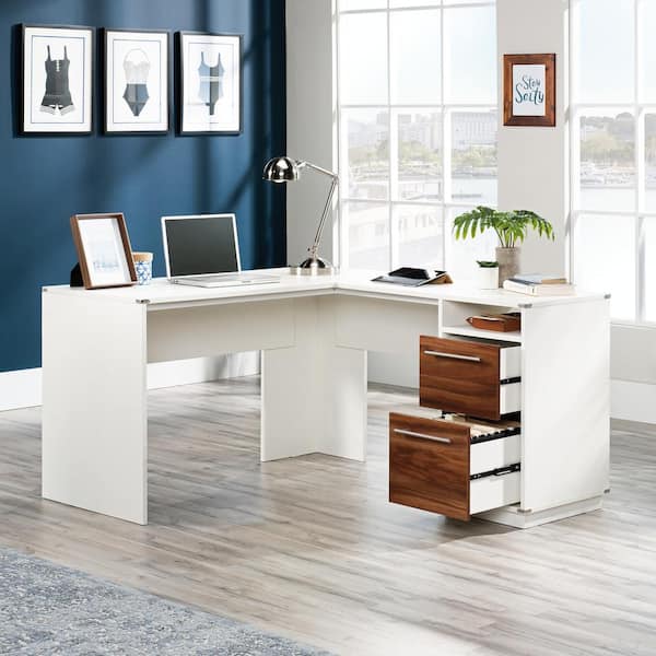 Vista Key 59 in. L-Shaped Pearl Oak with Blaze Acacia Engineered Wood 2-Drawer Desk
